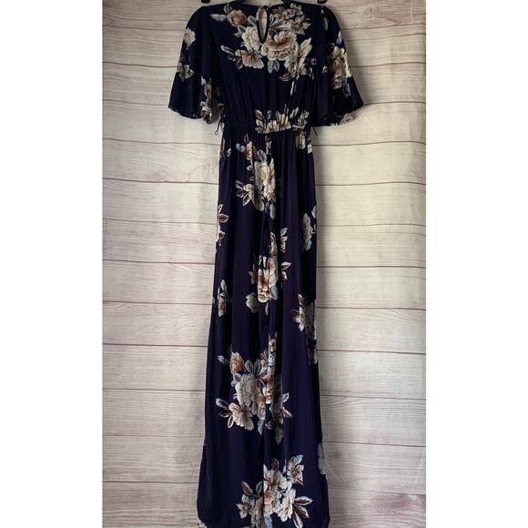 Band of Gypsies Dark Blue Floral Jumpsuit Butterfly Sleeve Elastic Waist Size XS - Picture 6 of 16